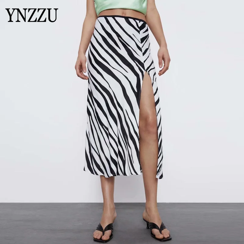 

High street Stain zebra print Women skirt Autumn High waist Split Female Elegant Midi skirt A-line Fashion bottoms YNZZU YB435