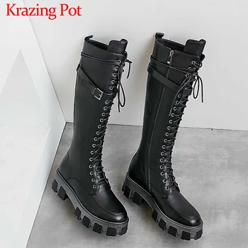 

Krazing Pot new black colors cow leather thick bottom lace up zipper buckle straps winter women round toe thigh high boots L17
