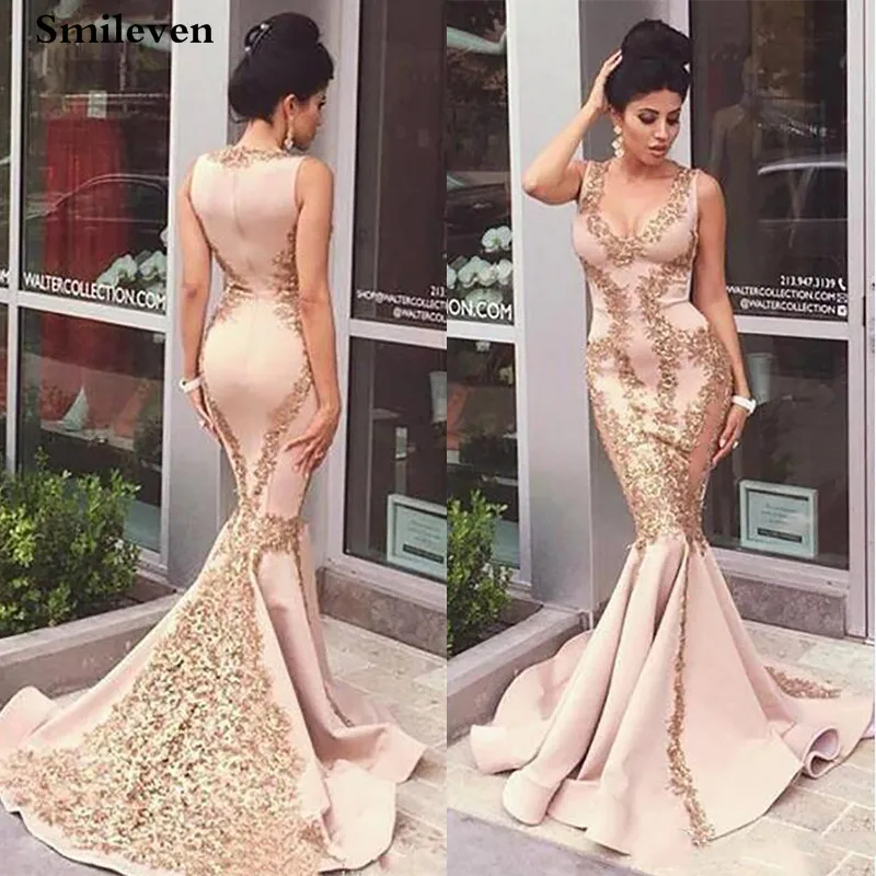 

Smileven Formal Evening Dress Champagne Mermaid Prom Gowns V Neck Evening Party Dress Robe De Soiree