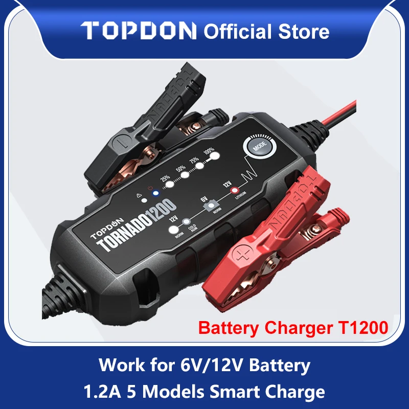 Topdon-cargadores de batería automáticos para coche, cargador de batería automático de 6V y 12V para motocicleta, baterías de litio de plomo ácido, T1200