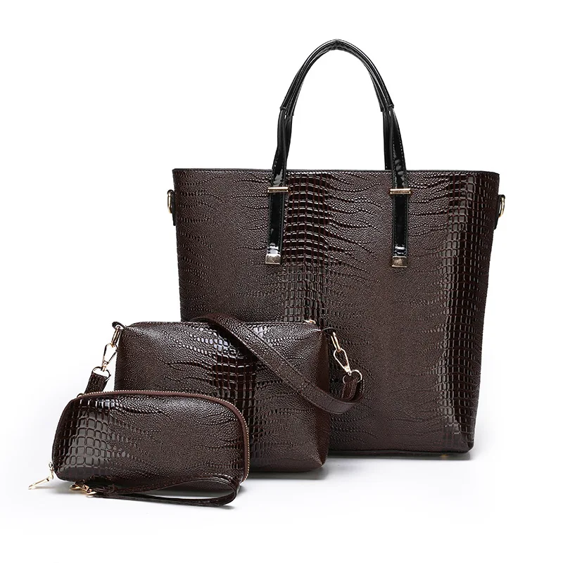 

WOMEN'S Bag 2019 New Style Europe And America Fashion Fashion Flow Crocodile Pattern Patent Leather Three-piece Set Bucket Bag A