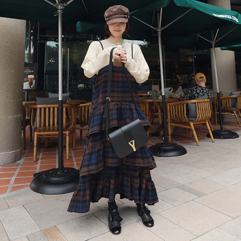 

Korean-style Loose And Plus-sized Suspender Skirt Mid-length Cotton Linen Dress Flounced A- line Skirt Women's Plaid Strapped Dr