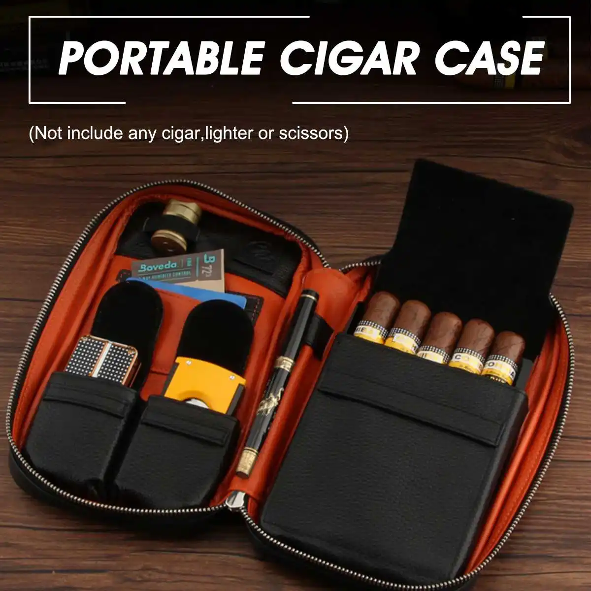 

YKPuii Large Capacity Black Cigars Valuables Bag 5 Tube Leather Gadget Cedar Storage Humidor Holder Men Gift Outdoor Travel Pack