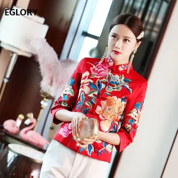 

2019 Autumn Fashion Jackets High Quality Women Lurex Embroidery 3/4 Sleeve Single Breasted White Red Tops Coat Vintage Outerwear