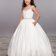 Скромное платье принцессы трапециевидной формы с цветочным узором для девочек на свадьбу, украшенное кристаллами, кружевное Пышное Платье для девочек, платье для первого причастия