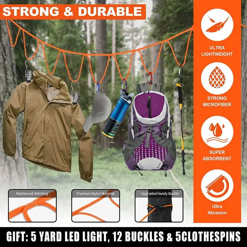 Camping Accessories Campsite Storage Strap, with 2 LED Camping Lights, 16ft  Adjustable Tent Camping Lanyard Rope Clothesline, for Outdoor Hammock  Hanging Camping Gear and Equipment, Tent Accessories : : Sporting  Goods