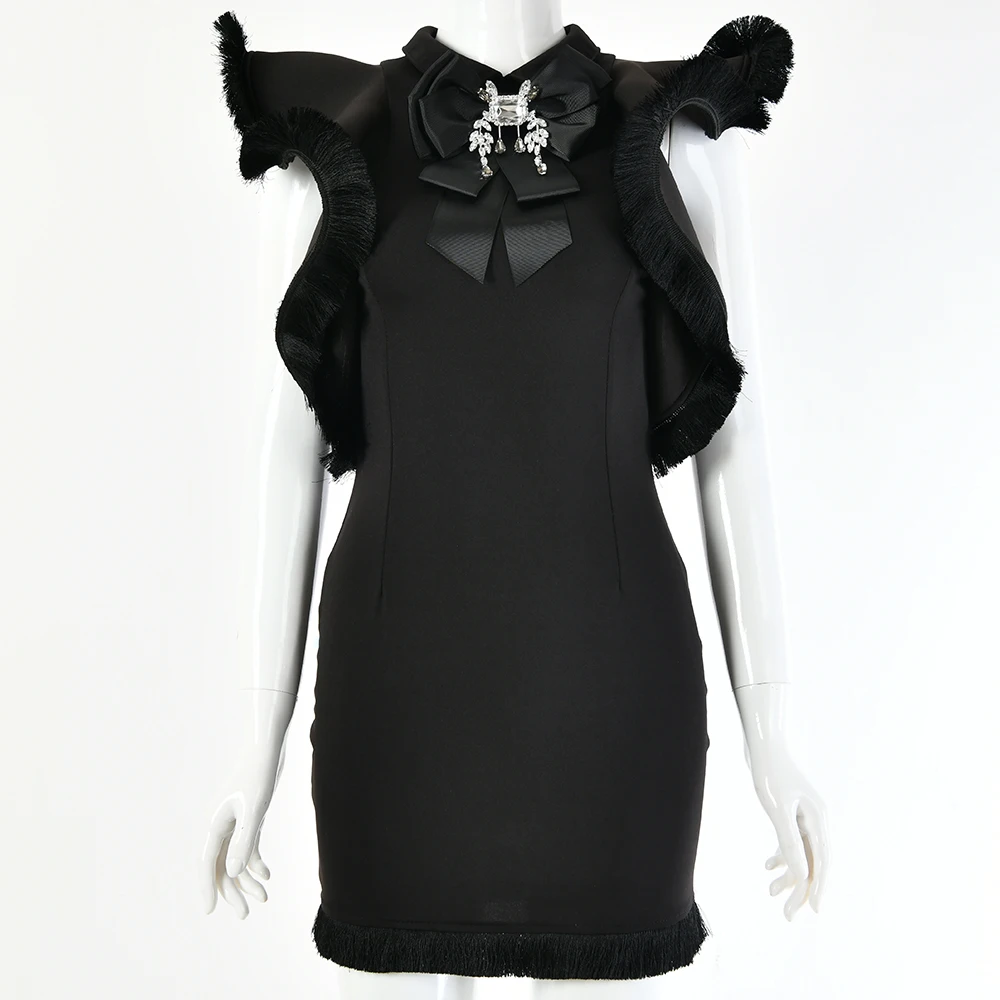 Элегантное Белое Облегающее короткое платье для вечеринки, женское черное Бандажное платье с кисточками и оборками, зимнее сексуальное клубное мини-платье с бахромой, праздничное платье - Цвет: Черный