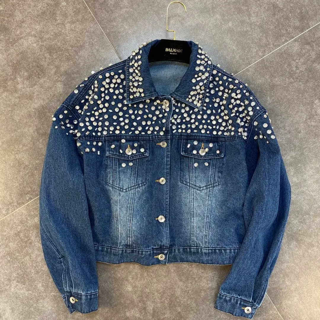 

2020 Turn-down Collar Long Sleeve Women Denim Jackets Korean Fashion Autumn Winter Stitching Sequins Female Coat Tide