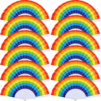 

12 Pieces Rainbow Fans Rainbow Folding Fans Colorful Hand Held Fan Summer Accessory For Rainbow Party Decoration (Horizontal Str