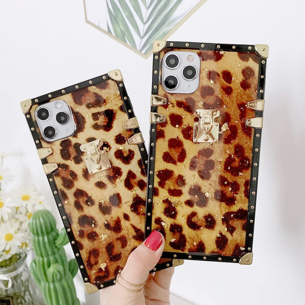 

European and American style epoxy leopard print case for iPhone 11 Pro Max XR X XS Max 6 6s 7 8 plus Square back cover cuque