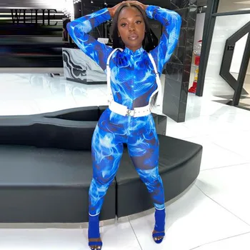 

WUHE Tye Die Print Zipper V Neck Night Club Party Rompers Womens Jumpsuit Skinny Fit Casual Spring One Piece Overalls Streetwear