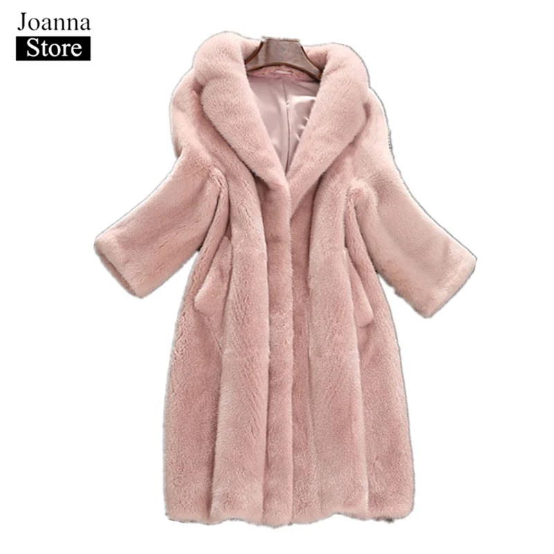 Зимняя женская тонкая куртка из искусственного меха с отворотом, толстое длинное пальто, пушистое пальто из искусственного меха, розовые меховые пальто размера плюс, Женская Корейская одежда
