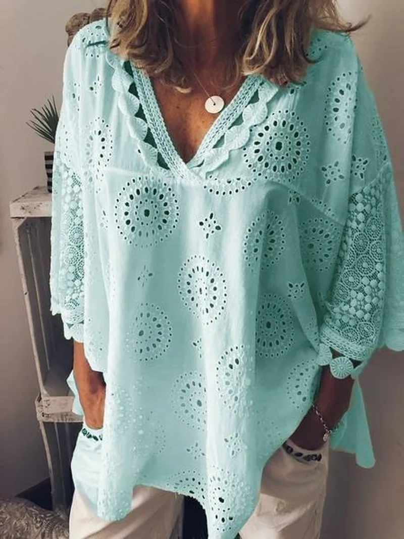  cotton Embroidery women Lace ditch flower shirts blouses tops plus size S-5XL womens Casual Dobbyto