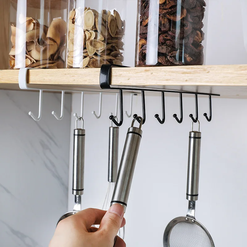 

6 Hooks Cup Holder Hanging Kitchen Bathroom Hanger Kitchen Organizer Cabinet Door Shelf Removed Storage Rack Home Decor