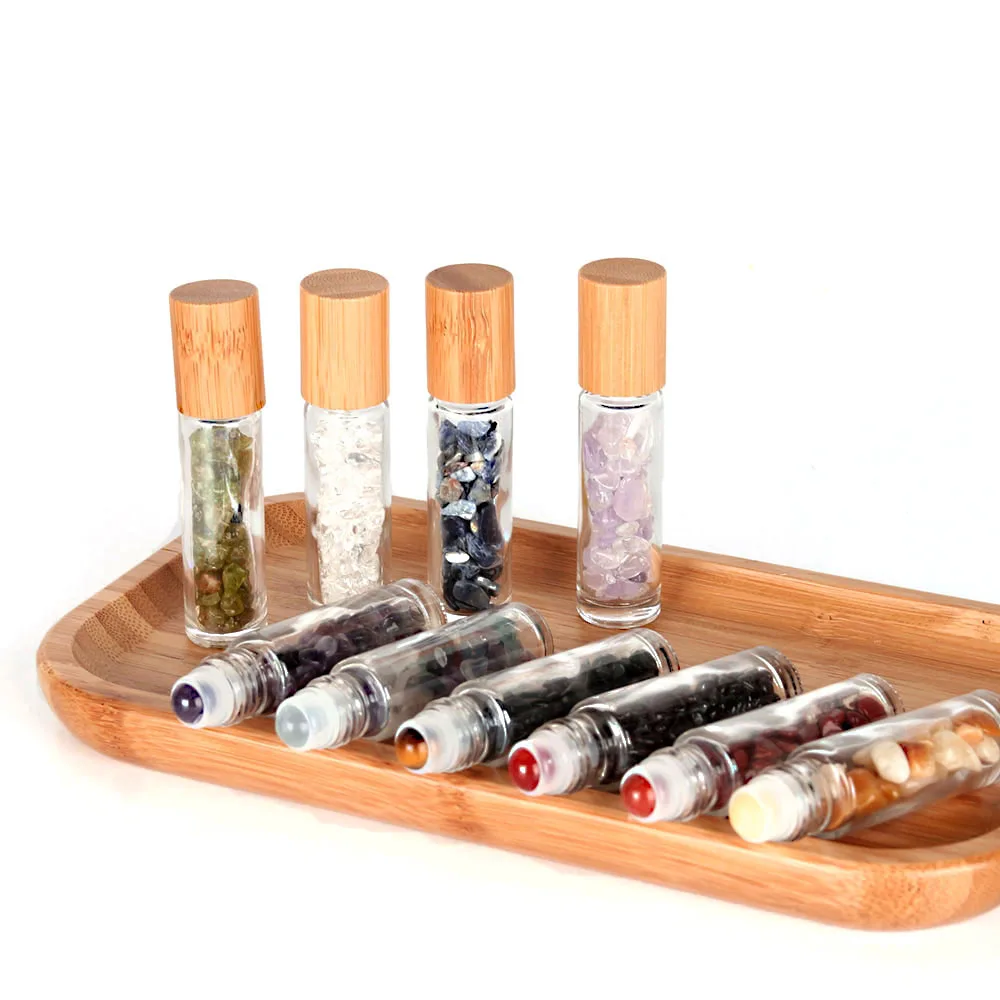 5x Chakra Roll-On Flaschen Mit Tigeraugen-Kristall - 10 Ml Glas Mit Bambusdeckel Für ätherische Öle