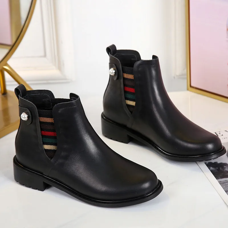 Botas mujer invierno; коллекция года; зимние ботинки с круглым носком на низком каблуке; обувь с жемчугом; удобная женская обувь; chaussures femme - Цвет: as pic
