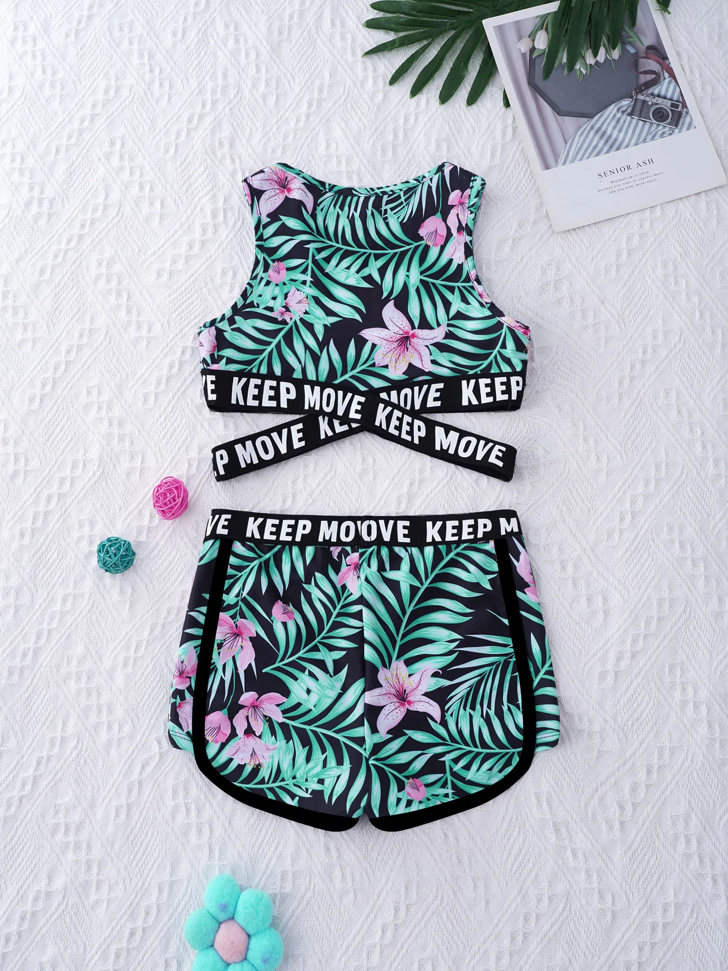 Girls Swimsuit Kids Girls Swimsuit Two Pieces Swimwear Round Neck Sleeveless Cross Sash Crop Tops and Shorts Set Swimming Bathing Suit Clothes