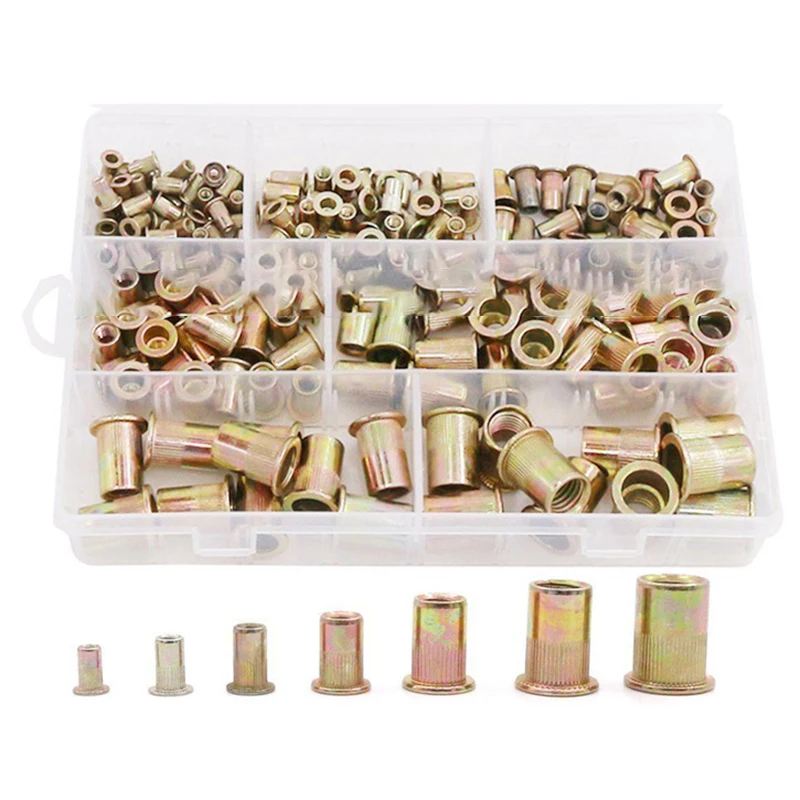 

165pcs/set Rivet Nuts M3-M12 Threaded Insert Flange Knurled Flat Head Vertical Countersunk Blind Bolts Riveter Tools