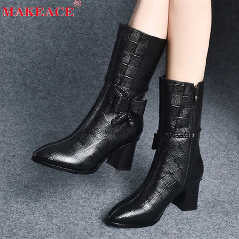 Botas de tacón alto para mujer, botines de media caña con lazo de cuero,  zapatos de plataforma informales a la moda, cálidos, otoño|Botas a media  pantorrilla| - AliExpress
