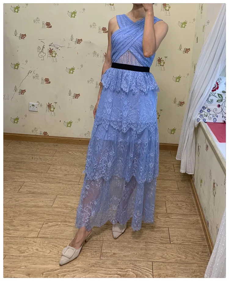 Вышивка ресниц кружева рюшами Многоярусное шифоновое платье макси Крест повязки рукавов наложения платье жаккардовый набор креп тюль платье