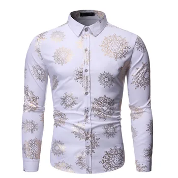 

Spring Autumn Bronzing Floral Shirt Men Long Sleeve Casual White Mens Dress Shirts Camisa Masculina Slim Fit Nightclub Men Shirt