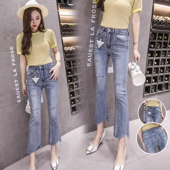 

2019 Spring New High-elastic Denim Nine Pants Female Was Thin Sexy Hole Micro Bell Pants Women