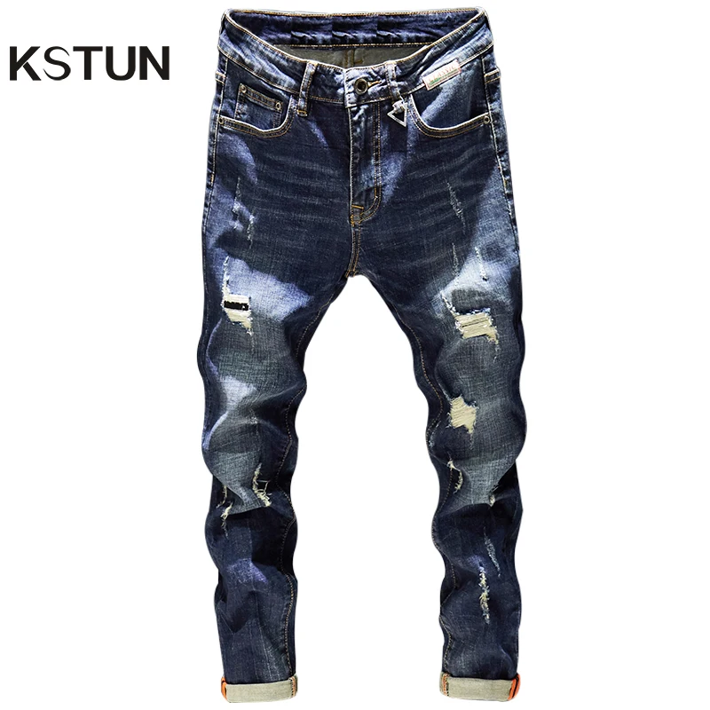 Mens Ripped Jeans Slim Fit Dark Blue Spring Autumn Destroyed Torn Stylish Moto Biker Jeans Denim Pants Men Hip hop Streetwear Mens Ripped Jeans Slim Fit Dark Blue Spring Autumn Destroyed Torn Stylish Moto Biker Jeans Denim Pants Men Hip hop Streetwear