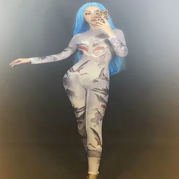 

2020 Women Sexy Costume Stretch Naked Tattoo Jumpsuit Performance Bodysuit Female Singer Stage Wear Birthday Celebrate Outfit