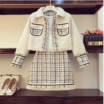 

Grid Tweed Spring Autumn Women 2 Piece Set 2020High Quality Runway Luxury Patchwork Warm Pearl Jacket Coat+Mini Skirt Suits girl