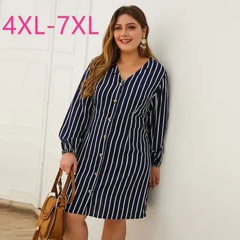 

2020 spring autumn plus size shirt dress for women large long sleeve slim casual stripe V neck dresses blue 4XL 5XL 6XL 7XL
