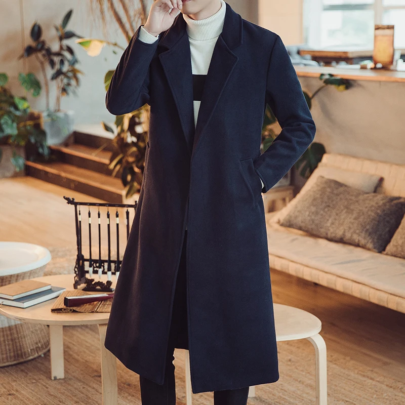 Китайский стиль мужская одежда новое шерстяное пальто Мужская Длинная зимняя ветровка Ретро Пояс Мужское молодежное длинное пальто