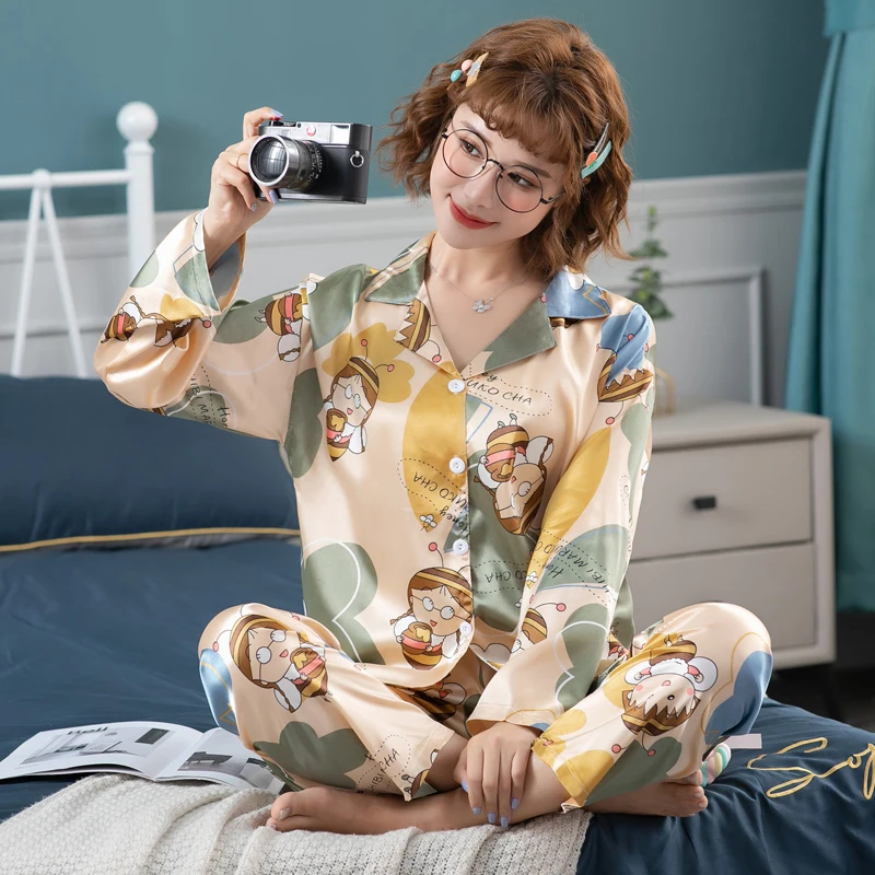 M-2XL kadın pijama seti 2021 yeni uzun kollu ipek pijama setleri kadınlar için bahar yaz baskı pijama takım salonu kadın