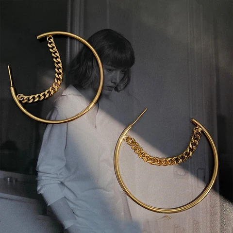 and American Design Chain Metal Circle Hoop Earrings Korean Fashion Jewelry For Woman Girls Party Simple Accessories