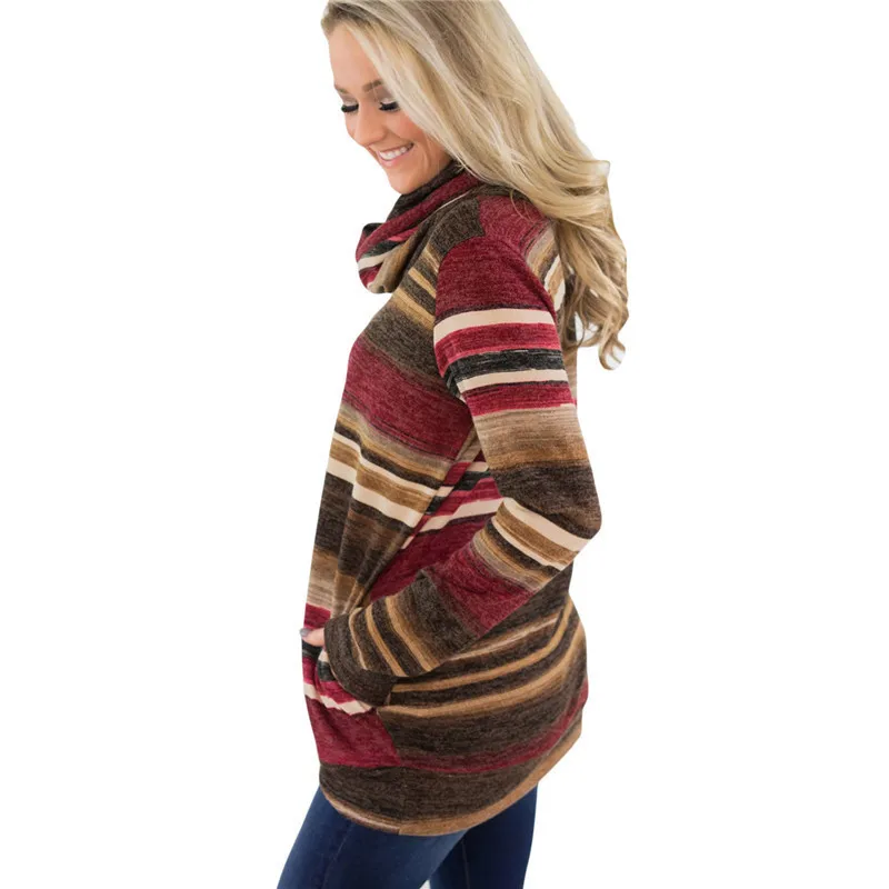 Turtleneck Sweater Women Autumn Winter Long Sleeve Sweater 2019 Striped Multicolor Casual Pullover Lace Up Knitted Sweater Tunic