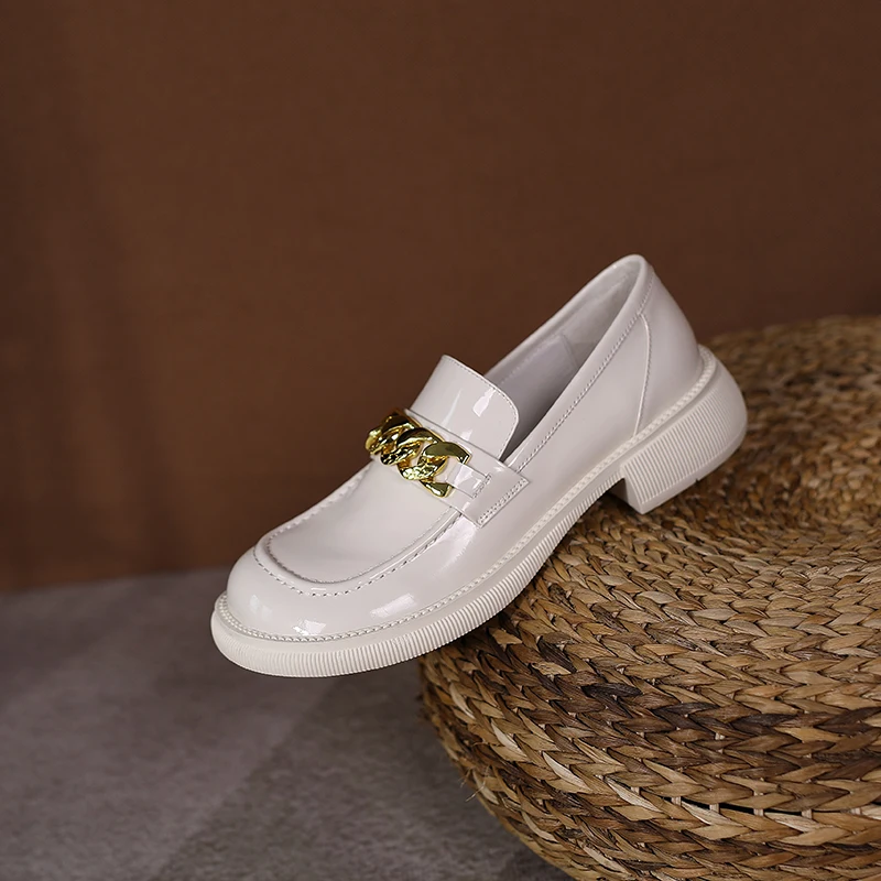 

Osunlina Genuine Leather Loafers Pumps Round Toe Platform Square Heels Metal Chain Decoration Handmade Shallow Party Lady Shoes