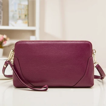 

New Double Zip Women Bag Genuine Leather Clutch Shoulder Bag Messenger Bag Lady's Cowskin Leather Shoulder Bag