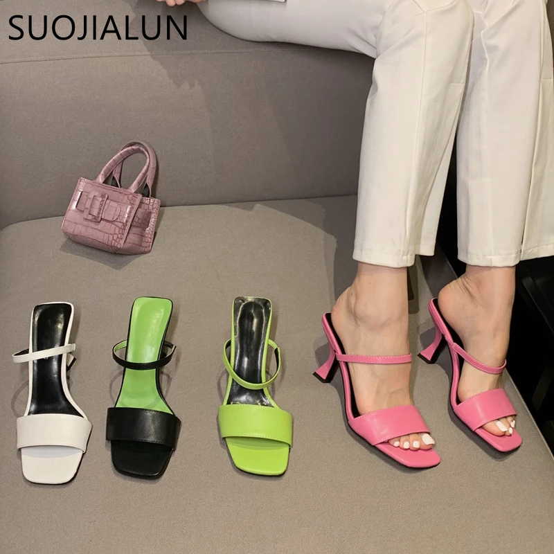 SUOJIALUN 2021 New Summer Slippers Thin High Heel Slides Ladies Brand Design Square Toe Sandals Casual Outdoor Beach Dress Pumps | Обувь