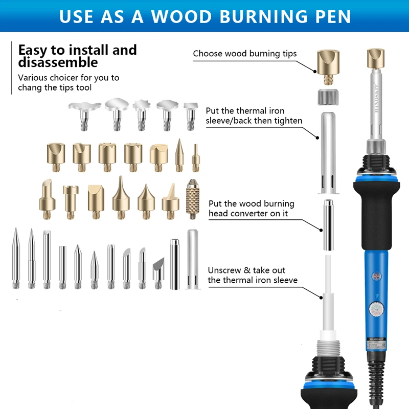 220V / 110V 60W Adjustable Soldering Iron Kit Wood Burning Carving Pyrography Pen Set Welding Tips Wood Embossing Burning Tools
