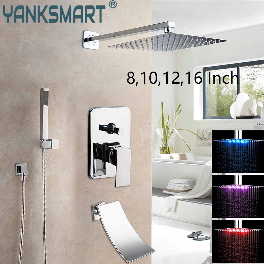 

YANKSMART LED Light Chrome Polished 8-16 Inch Bathroom Faucet Set Wall Mounted Rain Waterfall Shower Faucets Mixer Tap Combo Kit