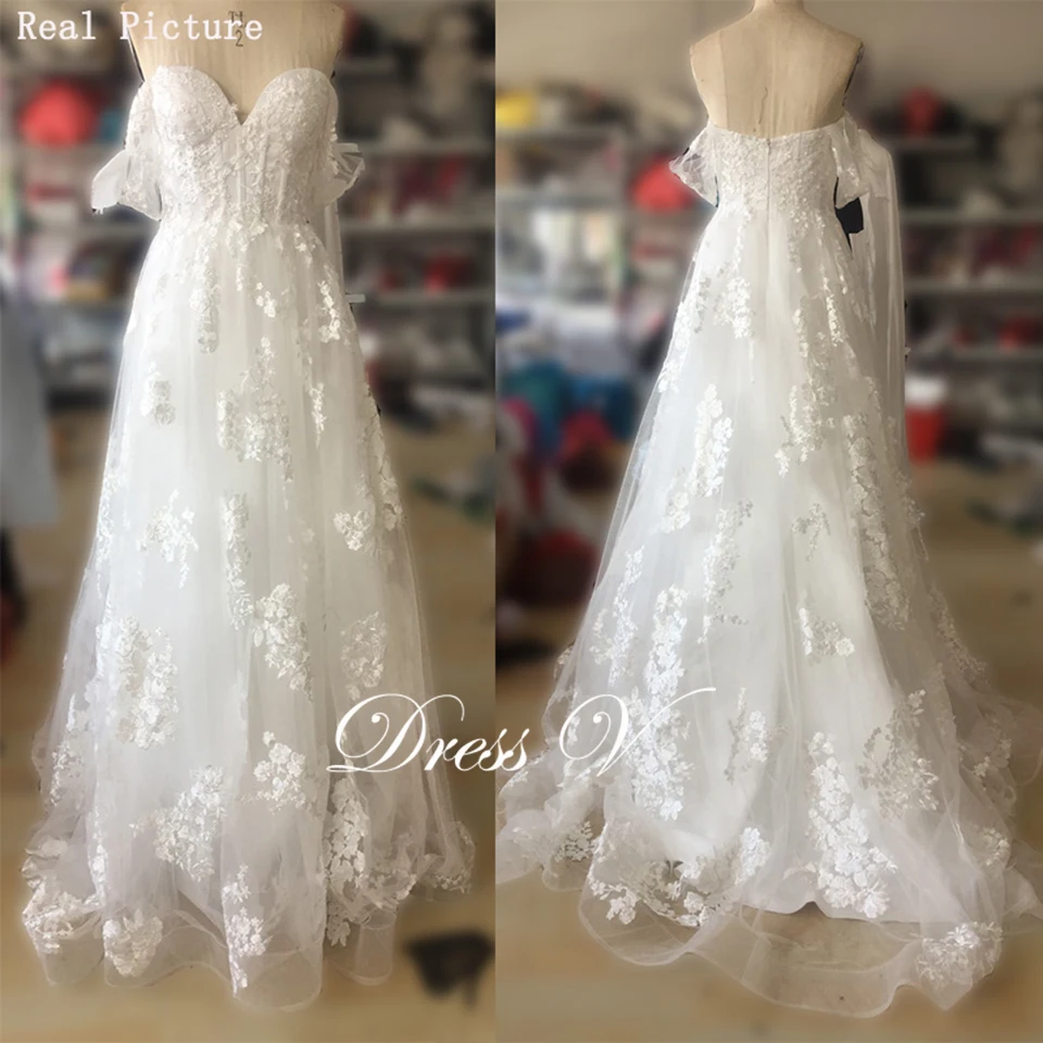 Dressv Элегантное свадебное платье женское с открытыми плечами кружевное на молнии