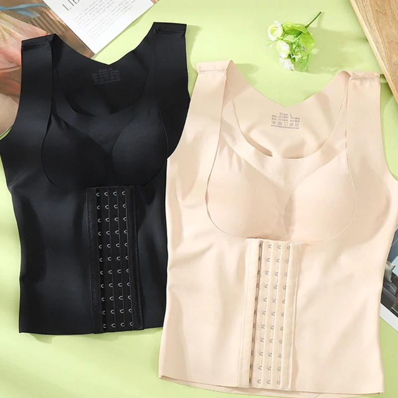 Women 4-In-1 Seanless Front Buckle Bra Wireless Push Up Padded Posture Corrector Tank Top Girdle Body Shaper Cross Back