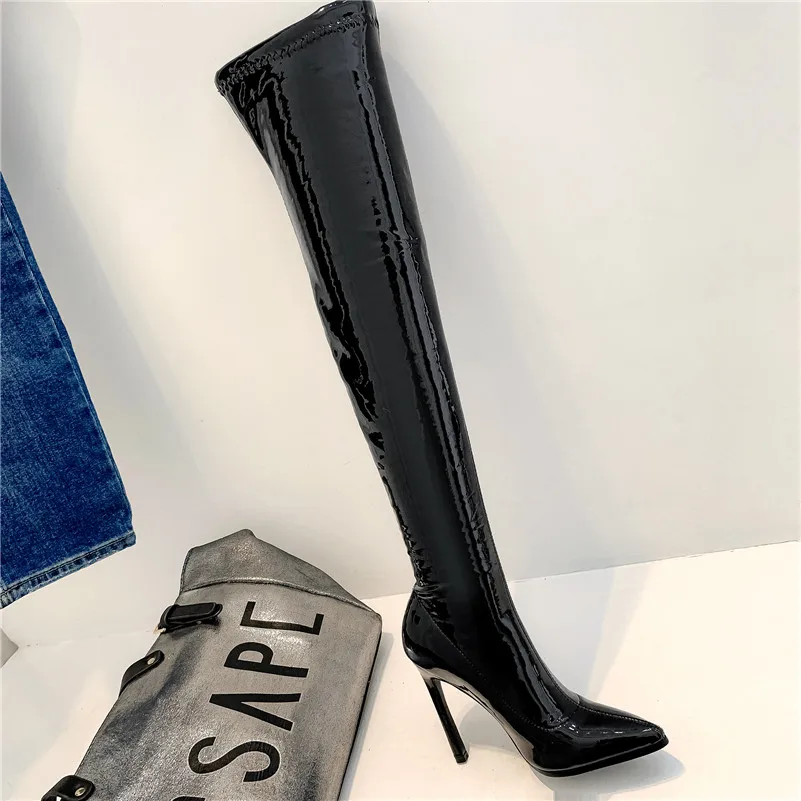Black Velvet Lining ANNYMOLI/осенние облегающие высокие сапоги; женские ботфорты из лакированной кожи на тонком каблуке; пикантная обувь на очень высоком каблуке; женская зимняя обувь красного цвета - Цвет: Black Velvet Lining