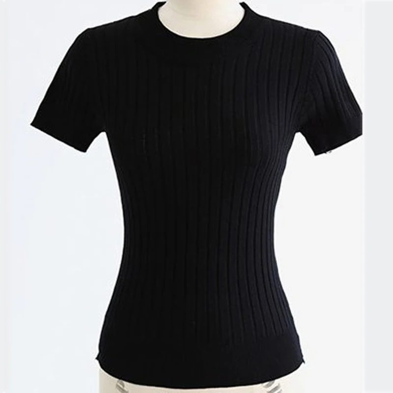 Модная женская тонкая облегающая футболка с круглым вырезом, женские топы, вязаный тонкий пуловер, Женская Однотонная футболка с коротким рукавом