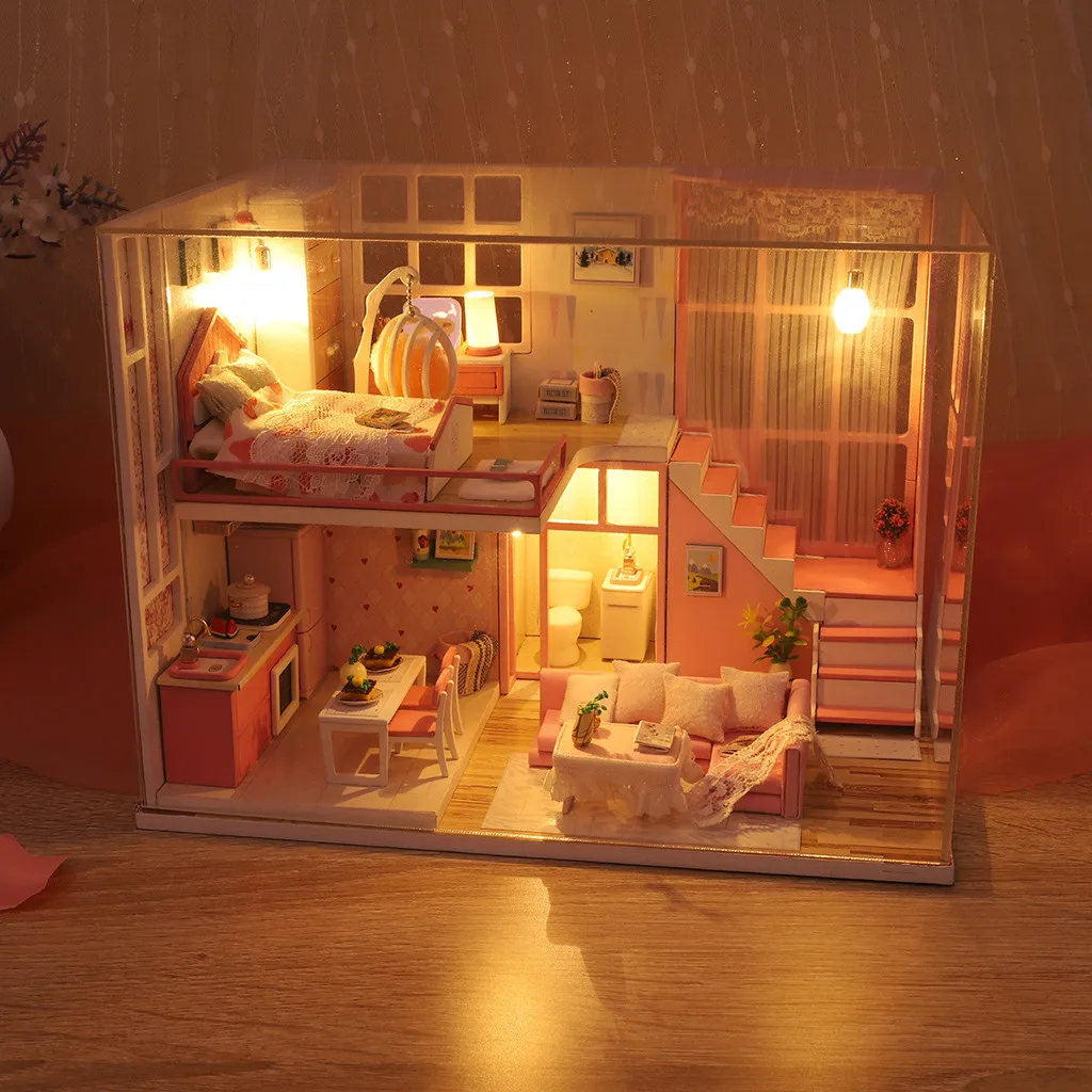 

Small house toy 2019 new 3D Wooden DIY Miniature House Furniture LED House Puzzle Decorate Creative Gifts 7.9