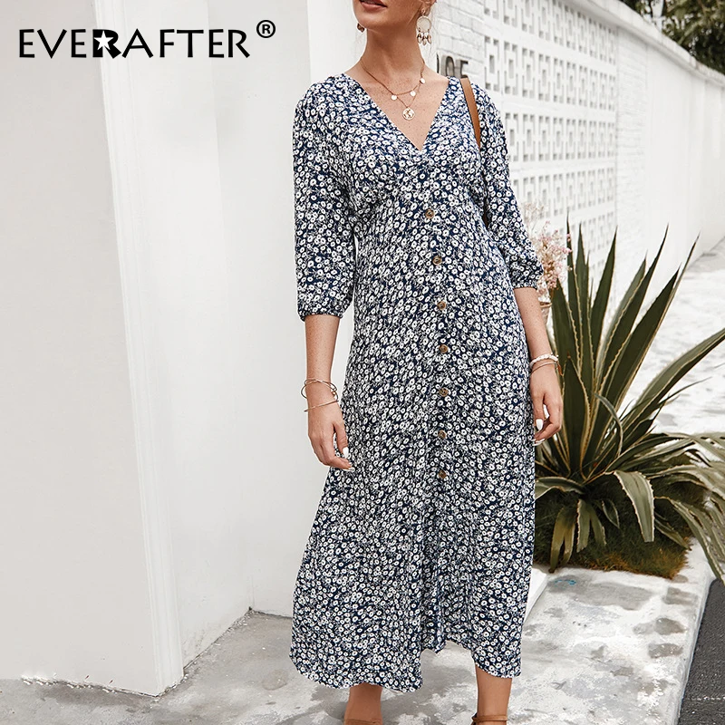 

EVERAFTER Hoho holiday floral print women dress sexy v-neck zipper button elegant 2020 spring summer midi casual female dresses