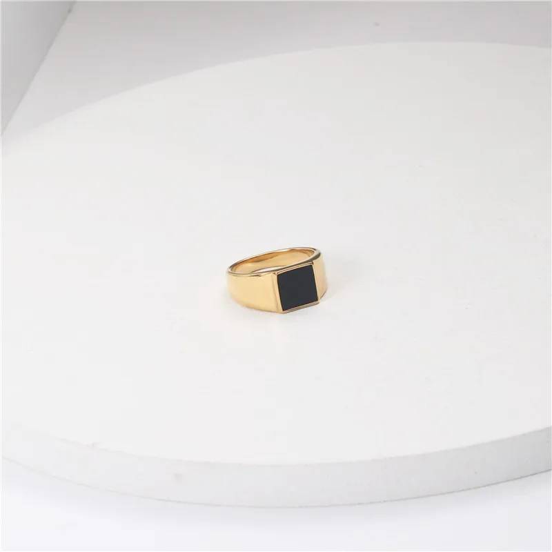 Peri'sBox Textured Circle Square Black Enamel Rings Yin and Yang Geometric Rings for Women Vintage Stainless Steel Jewelry 2020
