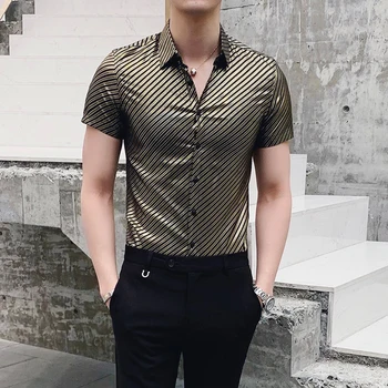 

High Grade Mens Hawaiian Short Sleeve Shirt Summer Gold Striped Button Up Shirt Vintage Luxury Clothing Casual Slim Fit 2020