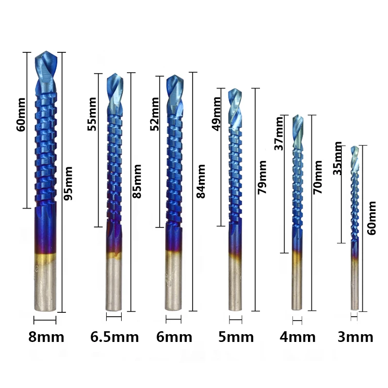 6 шт., 3-8 мм, Nano, с голубым покрытием, HSS, сверло для отверстий по дереву