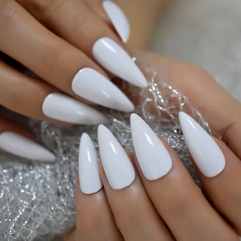 

Tapered Stiletto False Nails White Pointed UV Gel Shiny Medium Long Press On Fingernails Kit 24 with Glue Sticker