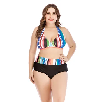 

2020 Big Code Printing Color Strip Gao Waist Bikini Swimsuit plus size Maternity